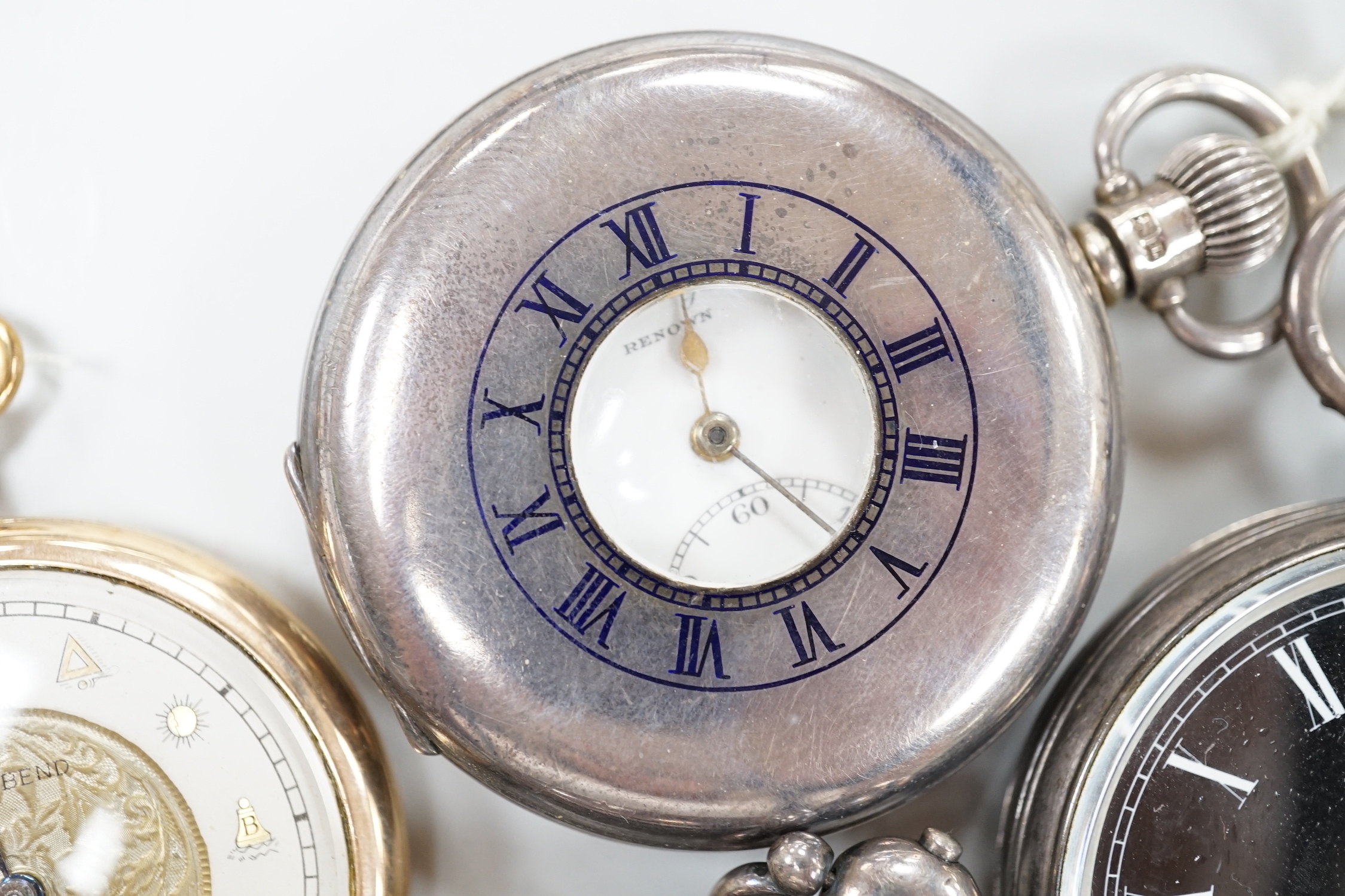 Ten assorted silver or base metal pocket watches including John Walker black dial and a deck watch by H. Golay & Son.